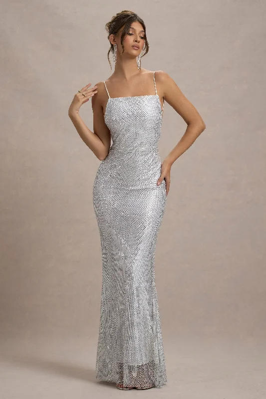 ladies-maxi-dress-wrap-wonder-Quartz | Silver Embellished Square-Neck Open-Back Maxi Dress