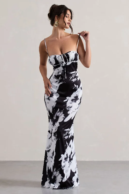 ladies-maxi-dress-long-sleeve-luxe-Casablanca | Monochrome Floral Print Satin Sweetheart Maxi Dress