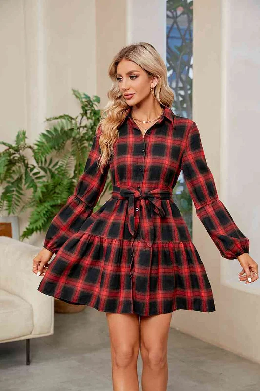 Women's shirt dress sun pop -Plaid Print Tie Waist Collared Neck Shirt Dress