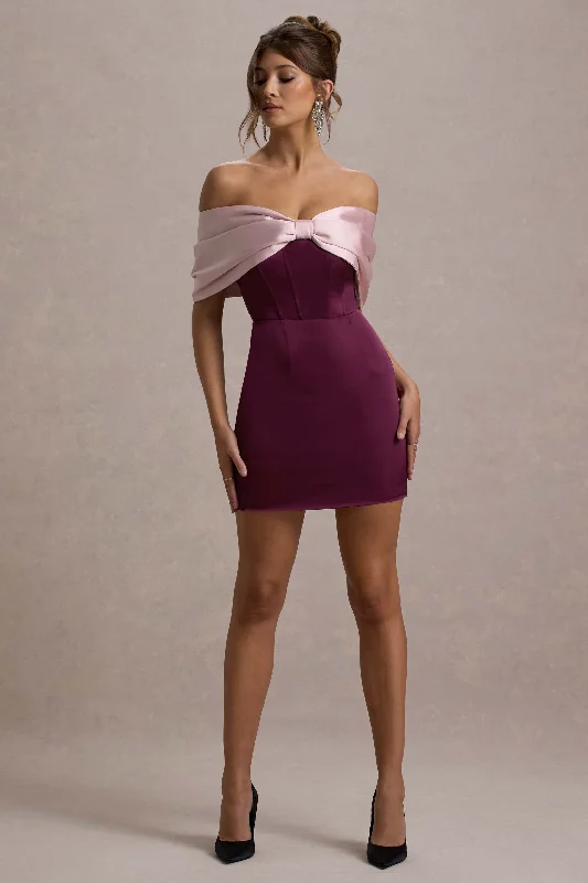 Women's mini dress tie chic -Linley | Burgundy & Pink Satin Bow Bardot Mini Dress