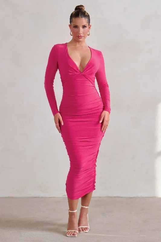 ladies-midi-dress-high-waist-harmony-Renee | Hot Pink Plunge Twist Neckline Long Sleeve Ruched Midi Dress