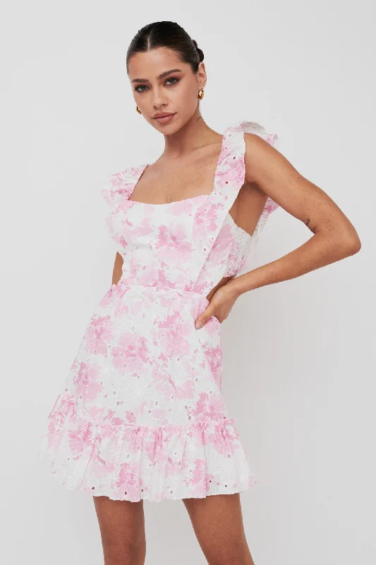 ladies-floral-dress-linen-lily-Porcia Tied Back Frill Dress Floral Pink