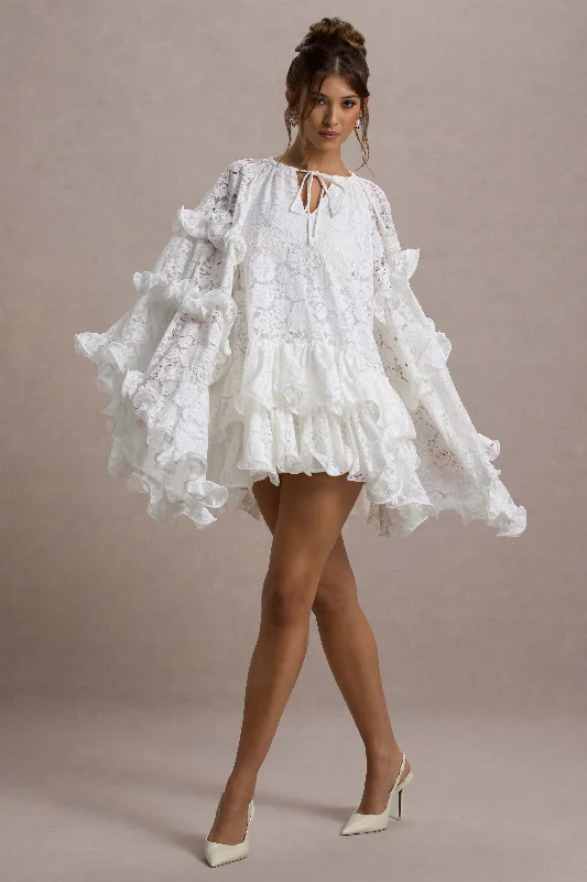 Women's mini dress off chic -Arlington | White Lace Cape-Sleeve Mini Dress