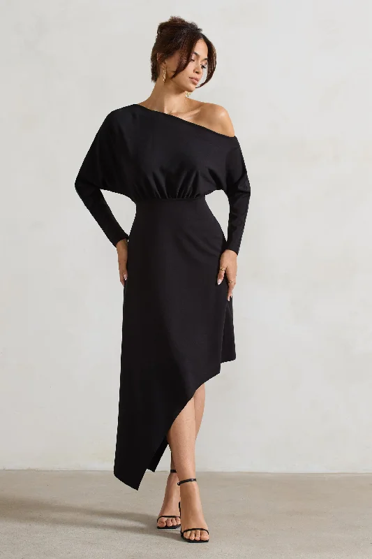 ladies-maxi-dress-curvy-calm-Lori | Black Asymmetric Long-Sleeve Maxi Dress