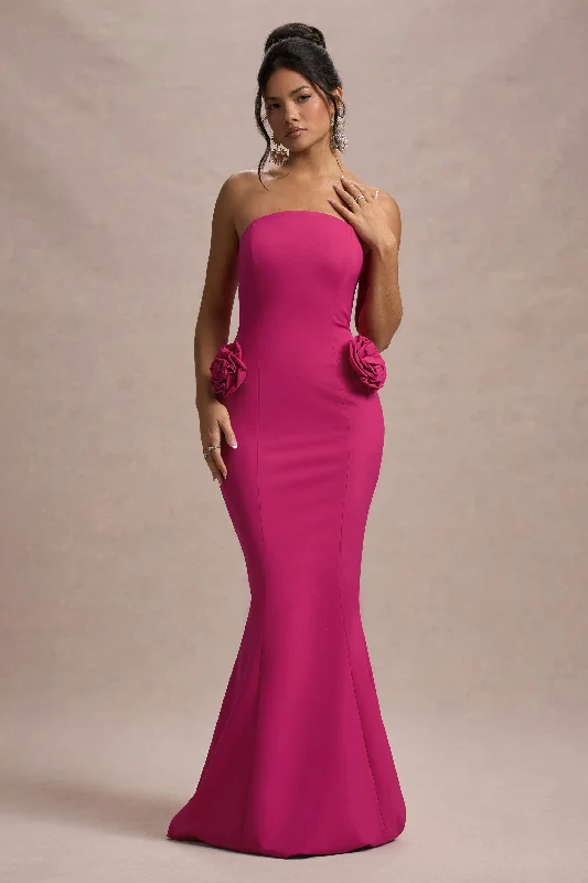 ladies-maxi-dress-relaxed-rhythm-Best Of The Best | Dark Pink Strapless Fishtail Maxi Dress With Corsages