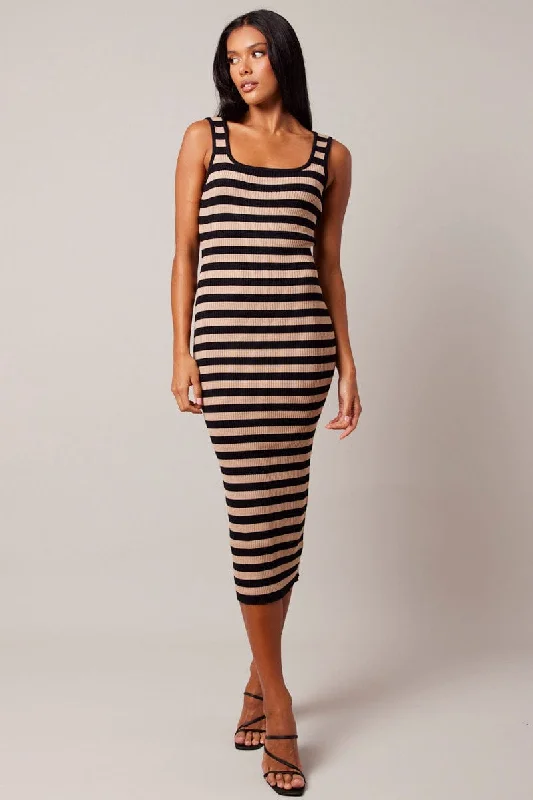 ladies-bodycon-dress-sexy-slim-Beige Stripe Knit Midi Dress Sleeveless Scoop Neck Bodycon Rib