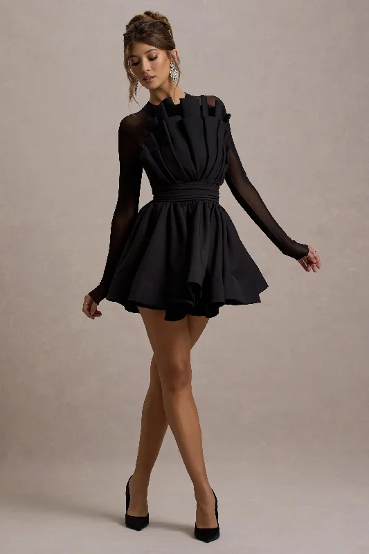 Women's mini dress dawn chic -Jeri | Black Mesh Long-Sleeve Ruffled Mini Dress