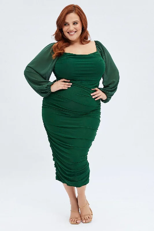 ladies-bodycon-dress-indigo-itch-Green Bodycon Dress Mesh Balloon Sleeve Ruched Midi