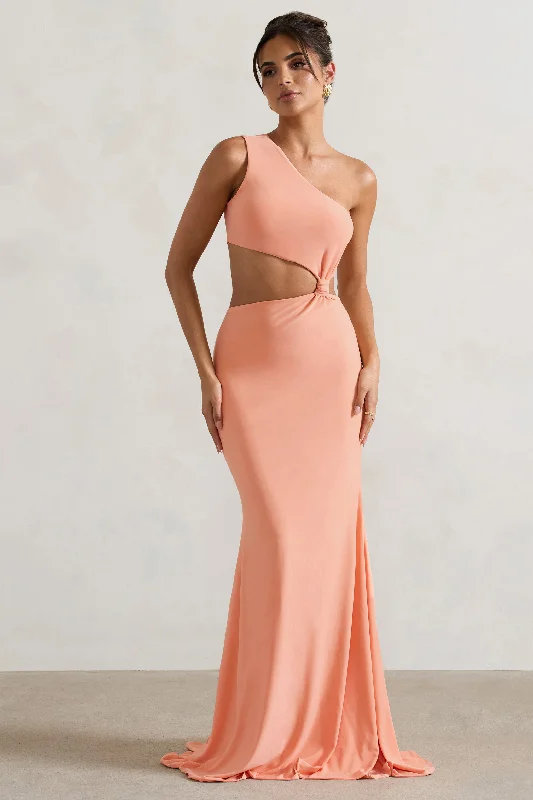 ladies-maxi-dress-purple-prance-Aspyn | Coral Asymmetric Twisted Cut-Out Fishtail Maxi Dress