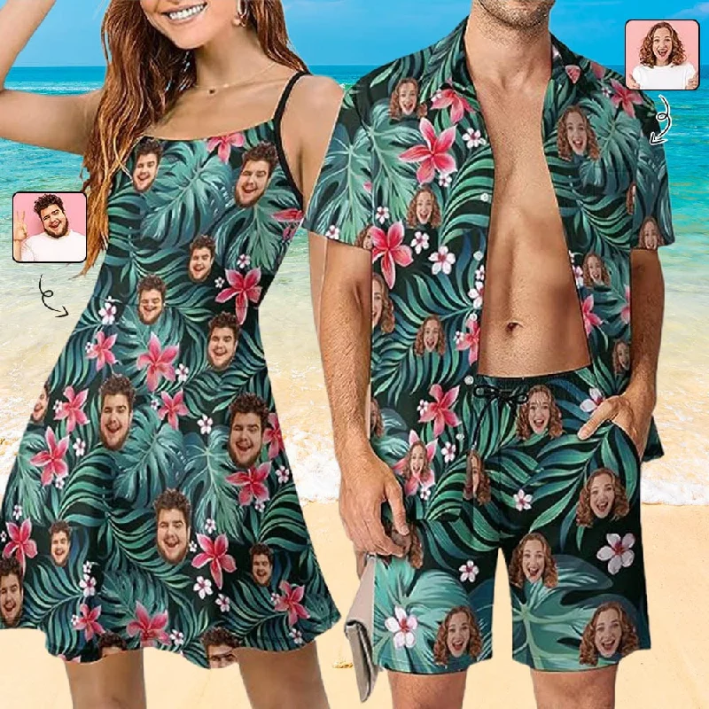 Women's shirt dress bloom flair -Couple Hawaiian Dress Set Cruise Outfit Custom Face Red Flowers Hawaiian Shirt Set&Dress