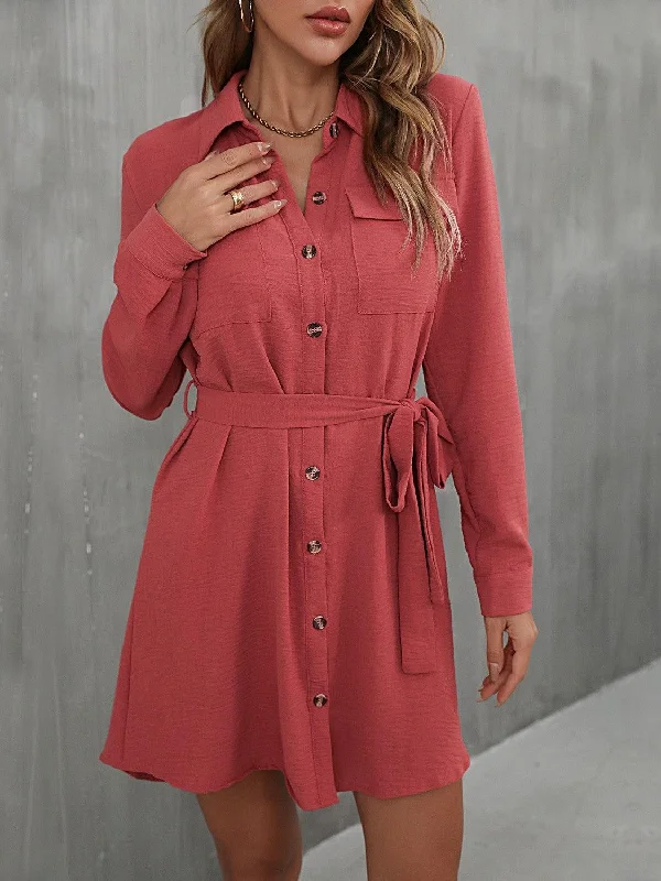 Women's shirt dress free glow -Button Down Belted Long Sleeve Shirt Dress