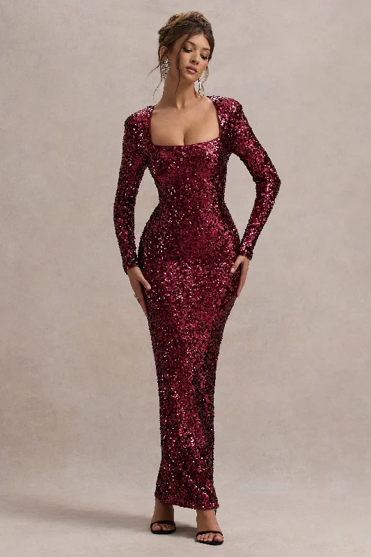 ladies-maxi-dress-sky-sweep-My Dream | Port Sequin Square-Neck Long-Sleeve Maxi Dress