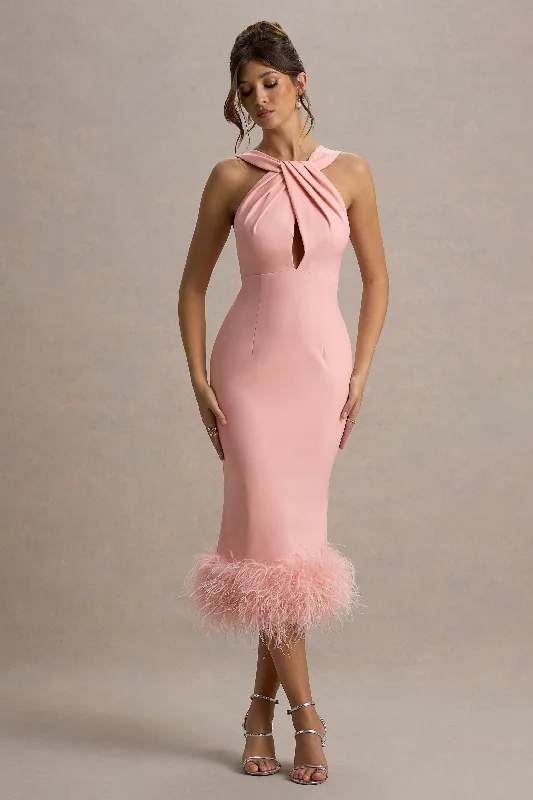 ladies-midi-dress-holiday-hue-Titania | Pink Twist-Neck Feather Hem Midi Dress