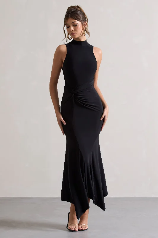 ladies-maxi-dress-spring-sprout-Brionna | Black High-Neck Twist Maxi Dress