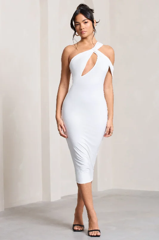 ladies-midi-dress-rust-ripple-Ella | White Asymmetric Neck Cut Out Midi Dress