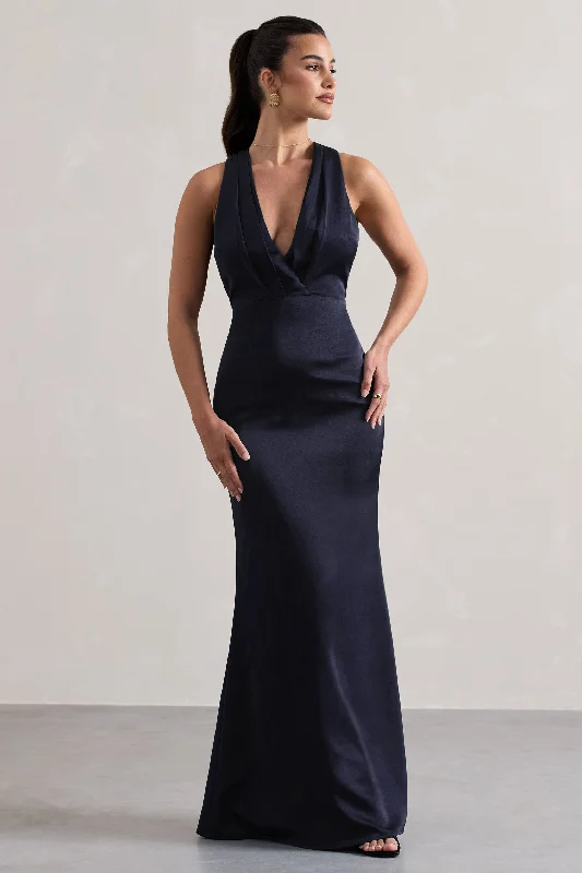 ladies-maxi-dress-daytime-drape-Tiffany | Navy Satin Plunge-Neck Maxi Dress