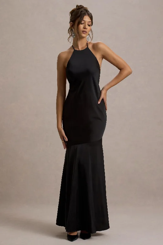 ladies-maxi-dress-blue-bliss-Frida | Black Satin Halter-Neck Backless Maxi Dress