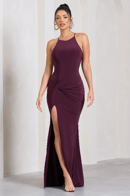 ladies-maxi-dress-shift-sweep-Stellar | Plum Halter-Neck Twisted Split Maxi Dress