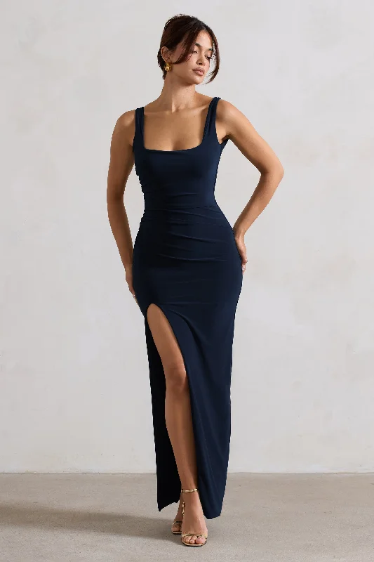 ladies-maxi-dress-saffron-sweep-Kate | Navy Square Neck Maxi Dress with Plunge Back and Side Thigh Split