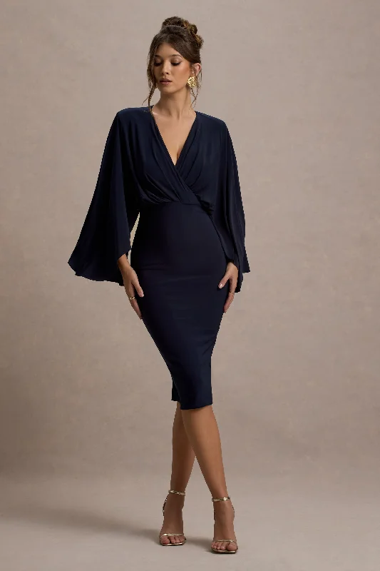 ladies-midi-dress-slit-sway-Mishka | Navy Plunge-Neck Cape Midi Dress