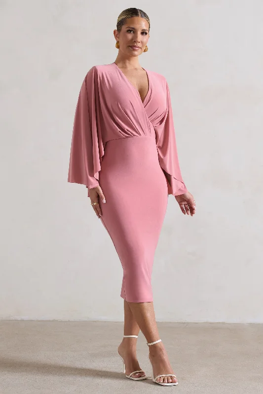 ladies-midi-dress-pearl-poise-Mishka | Blush Pink Plunge-Neck Cape Midi Dress