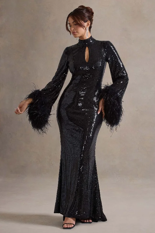 ladies-maxi-dress-flowy-freedom-Cosmic Star | Black Sequin High-Neck Maxi Dress With Feather Cuffs