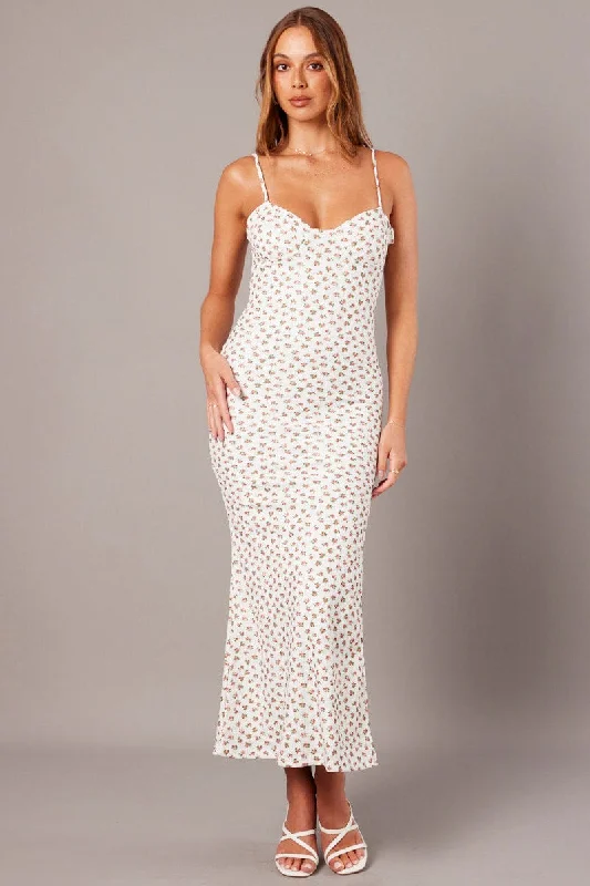 ladies-bodycon-dress-heather-hype-White Ditsy Maxi Dress Sweetheart Neck Bodycon Textured