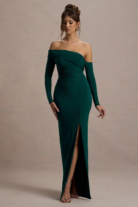 ladies-maxi-dress-silk-sway-Stand Out | Bottle Green Bardot Long Sleeve Ruched Maxi With Side Split