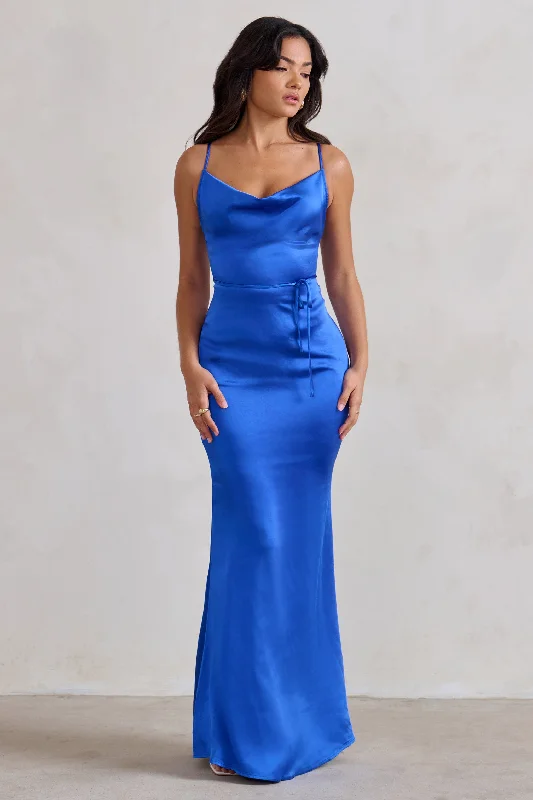 ladies-maxi-dress-navy-nimbus-Lifetime | Cobalt Blue Satin Cowl Neck Maxi Dress With Cross Back Detail