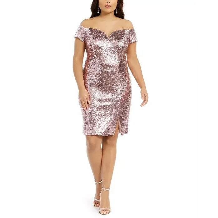 ladies-bodycon-dress-bright-blast-B Darlin Women's Trendy Plus Size Off-The-Shoulder Sequined Bodycon Dress Pink Size Square 24