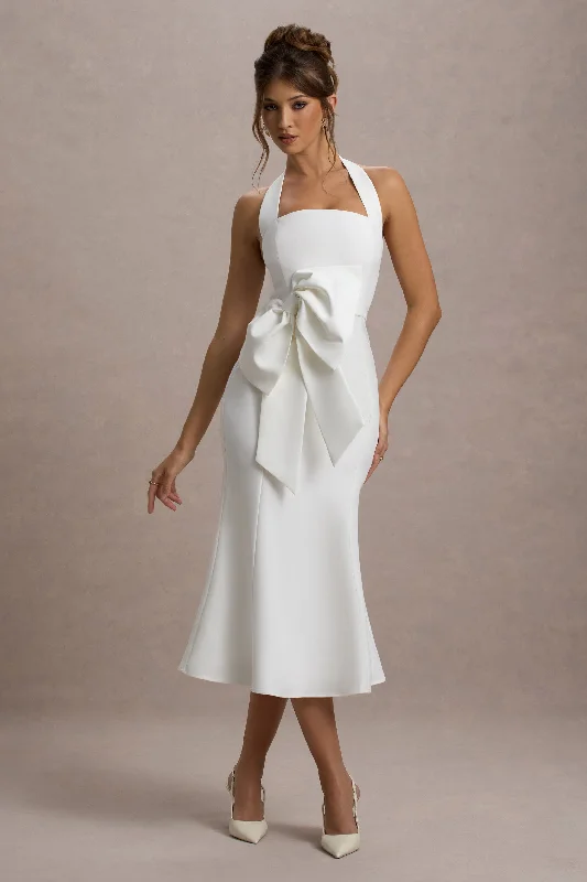 ladies-midi-dress-dance-drape-Aman | White Halter-Neck Midi Dress With Oversized Bow