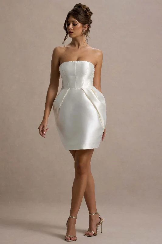 Women's mini dress yes flair -Lovebug | Ivory Bandeau Mini Dress With Tulip Skirt