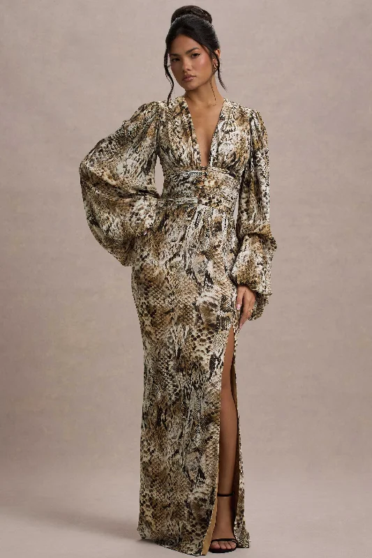 ladies-maxi-dress-sustainable-sway-Casarile | Snake Print V-Neck Balloon Sleeve Maxi Dress