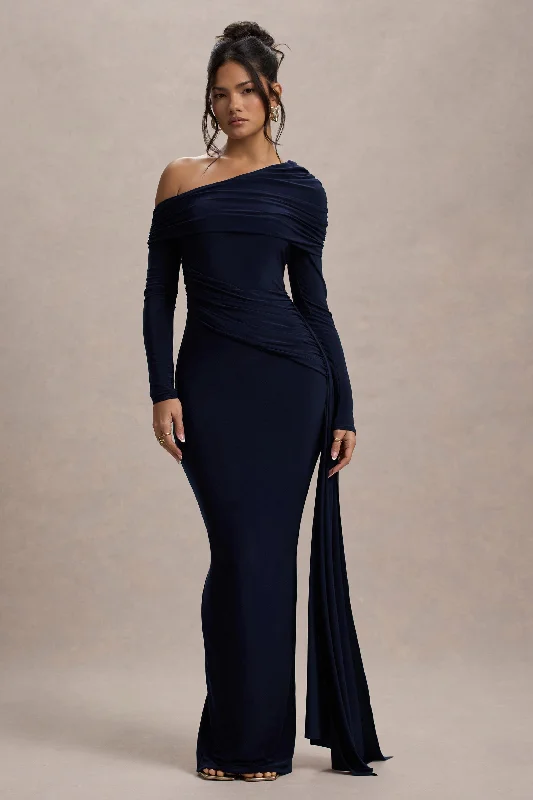 ladies-maxi-dress-festival-flow-Valina | Navy Ruched Asymmetric Maxi Dress With Drape