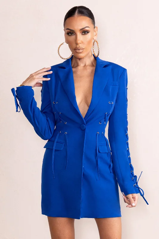 Women's mini dress mama glow -Material Girl | Electric Blue Tie Up Details Blazer Mini Dress