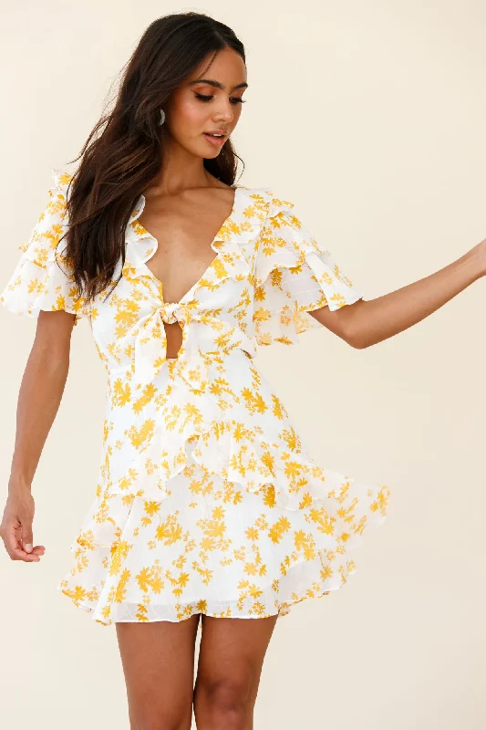 ladies-floral-dress-festival-florals-Aubrey Tied Bust Ruffle Trim Dress Floral Print Yellow