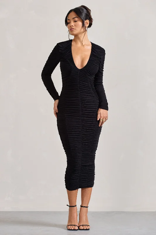 ladies-midi-dress-cold-shoulder-cool-Elisabeth | Black V-Neck Long-Sleeved Midi Dress