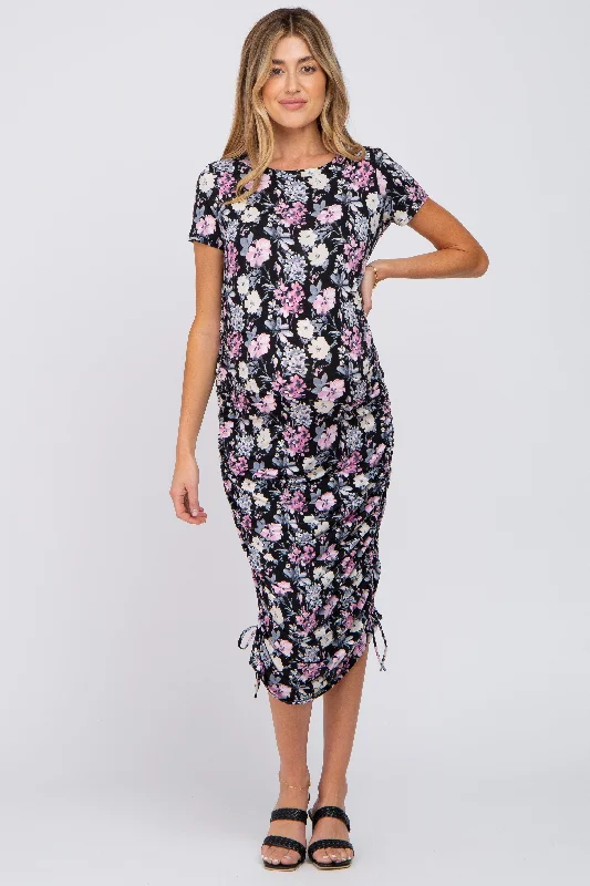 ladies-midi-dress-halter-hue-Black Floral Fitted Ruched Maternity Midi Dress