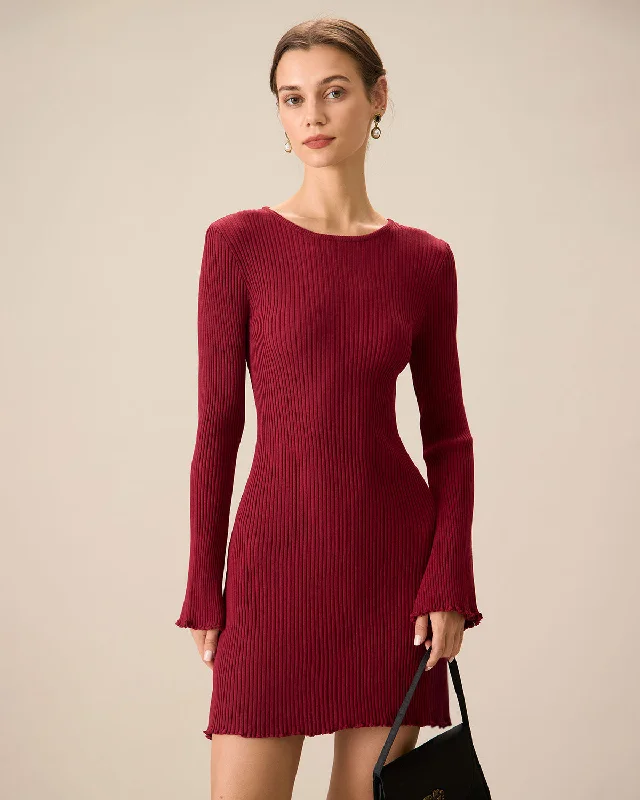 ladies-bodycon-dress-fitted-flair-Women's Red Bell Sleeve Bodycon Sweater Dress