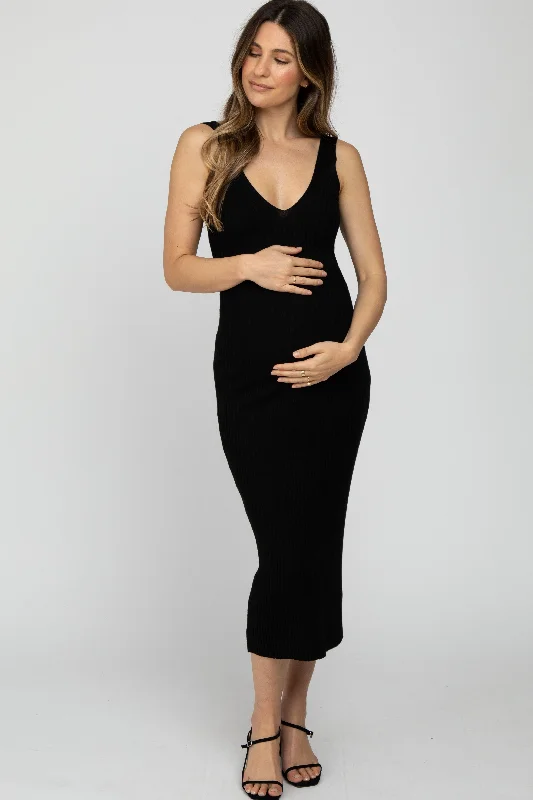 ladies-midi-dress-sunset-sway-Black Ribbed Sleeveless Knit Maternity Midi Dress