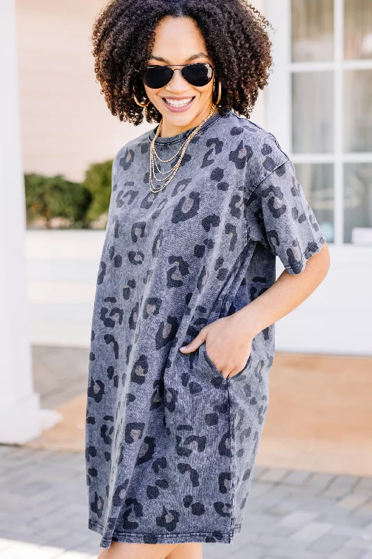 Women's shirt dress gather chic -Between Glances Ash Gray Leopard T-shirt Dress