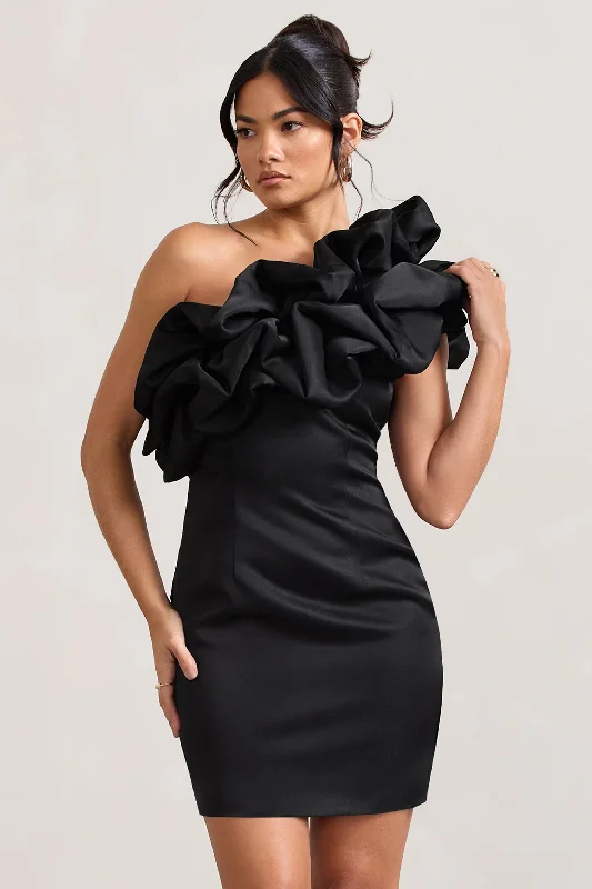 Women's mini dress gleam chic -At The Opera | Black Satin One Shoulder Ruffled Mini Dress