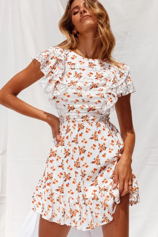 ladies-floral-dress-insta-orchid-Hello Sunshine Lace Trim Ruffle Shoulder Dress Floral Print White/Orange