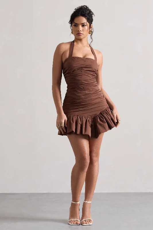 Women's mini dress trend flair -Zahra | Chocolate Brown Halter-Neck Ruched Mini Dress With Ruffle Hem