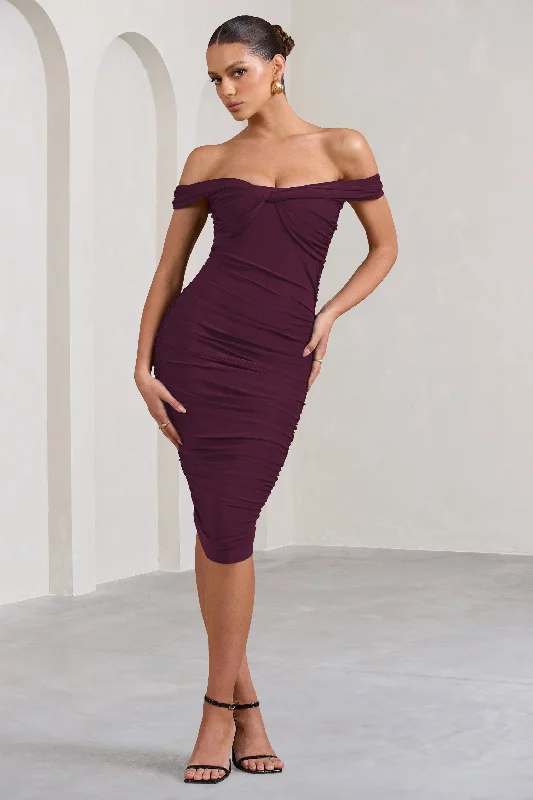 ladies-midi-dress-umber-undertone-Gratitude | Plum Off The Shoulder Ruched Midi Dress