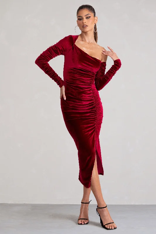 ladies-midi-dress-petite-poise-Agustina | Berry Velvet Asymmetric Neckline Midi Dress With Long Sleeves