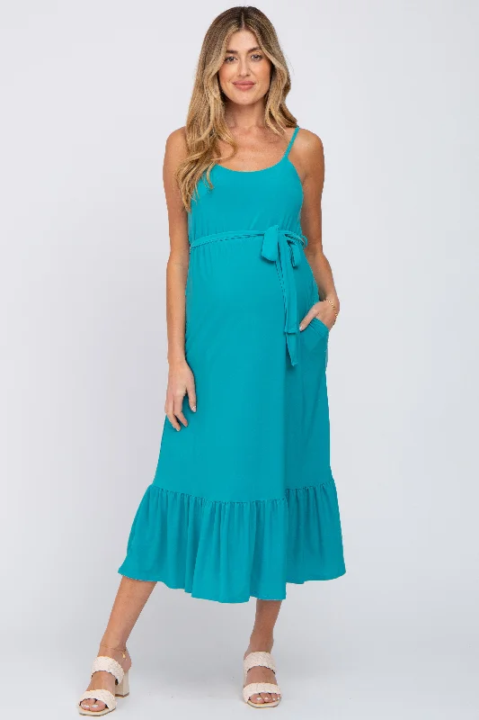 ladies-midi-dress-puff-sleeve-pride-Turquoise Waist Tie Ruffle Hem Maternity Midi Dress