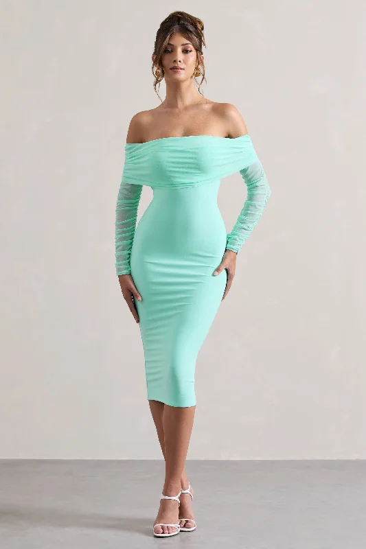 ladies-midi-dress-timeless-tide-Only You | Mint Ruched Mesh Bardot Midi Dress