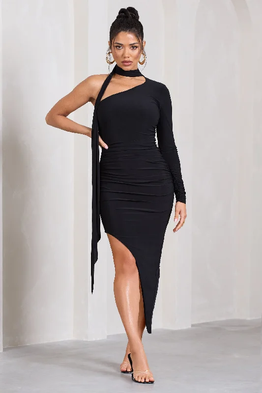 ladies-midi-dress-swingy-sweep-Firestorm | Black Asymmetric One-Sleeved Midi Dress With Scarf