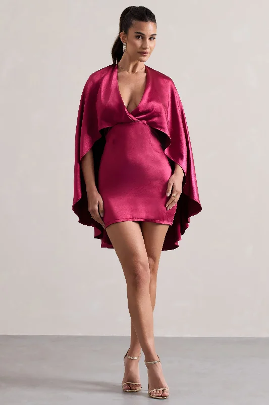 Women's mini dress ease pop -Olsen | Raspberry Satin Plunge-Neck Cape Mini Dress